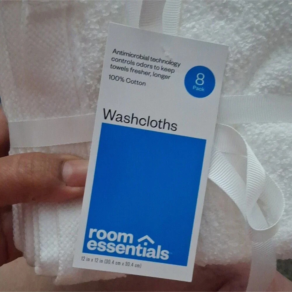 Room Essentials 8 Pack White 100% Cotton Washcloths 12x12 Antimicrobial